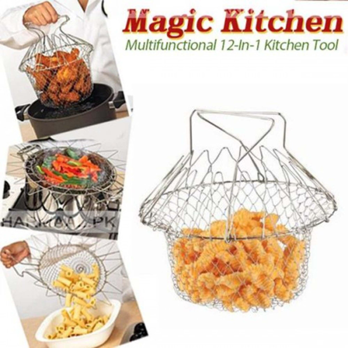 Stainless Steel Chef Basket 12 in 1 Kitchen Tool Deluxe Boiler, Steamer, Strainer & Frying